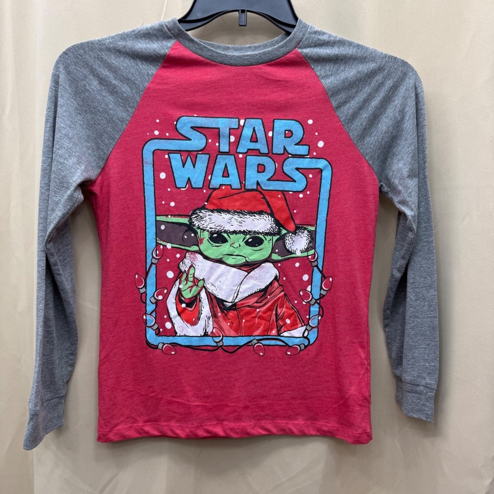 Star Wars Grogu Baby Yoda Christmas Raglan Long Sleeve Shirt Kids Large 10/12